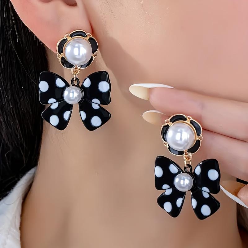 Black White Polka Dot Bow Earrings - Lightweight Fashion Studs, Cute Daily Wear Jewelry for Women, Trendy Accessories Gift