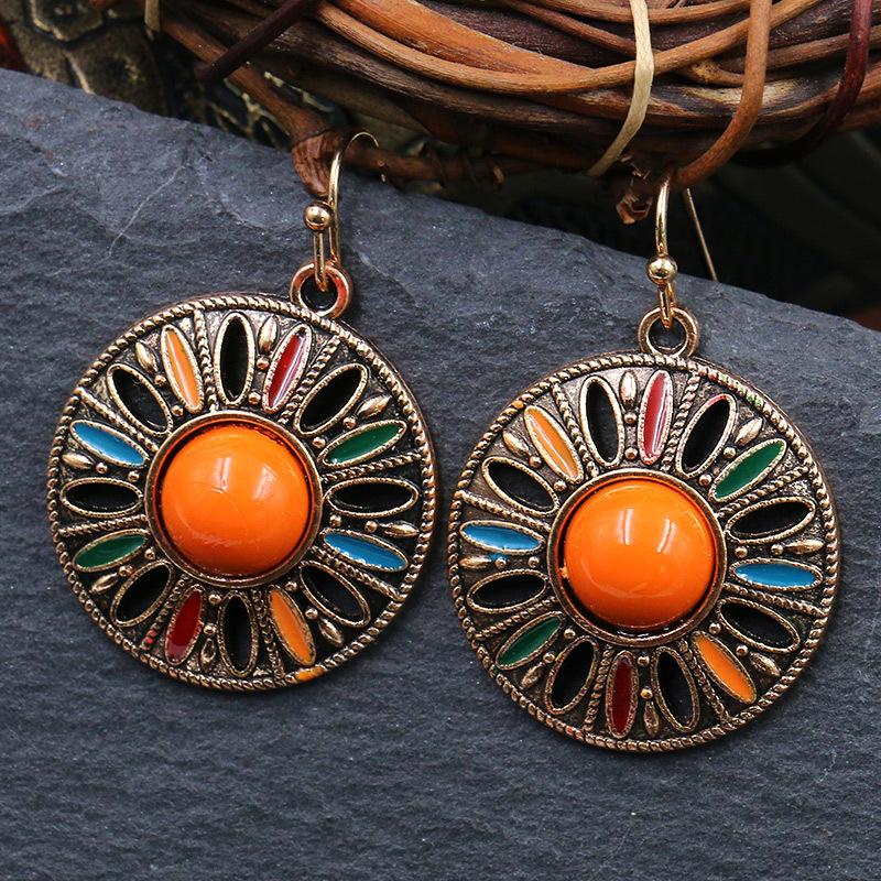 Ethnic Boho Colorful Enamel Earrings For Women Bomemian Retro Hollow Flower Round Geometric Vintage Drop Dangle Earrings Jewelry