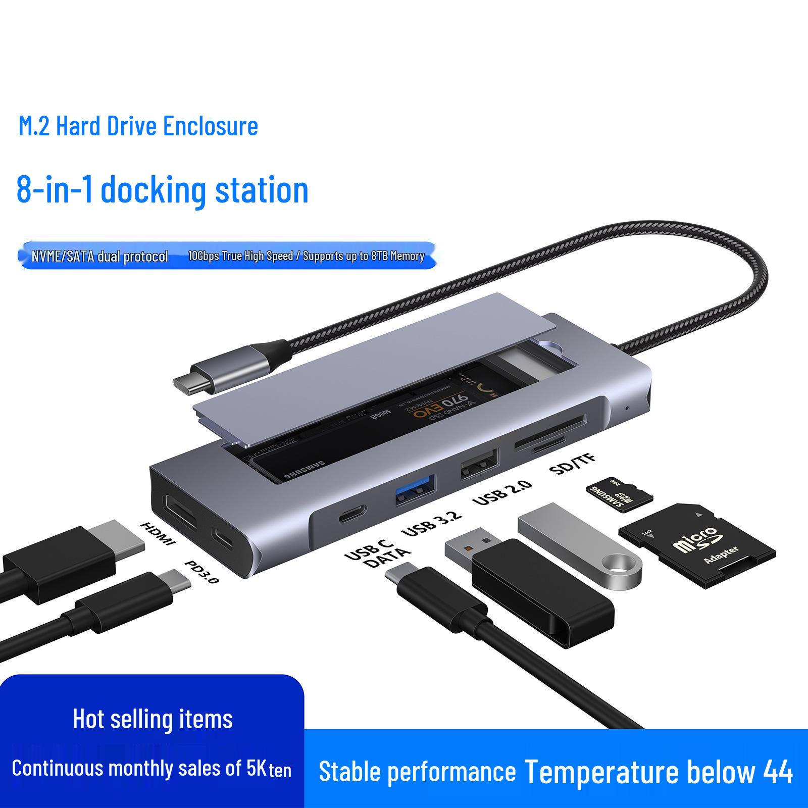 

Dual Protocol M.2 HDD Enclosure: Type-C to HDMI Docking Station, USB 3.2 Multifunction Laptop Expansion Hub.