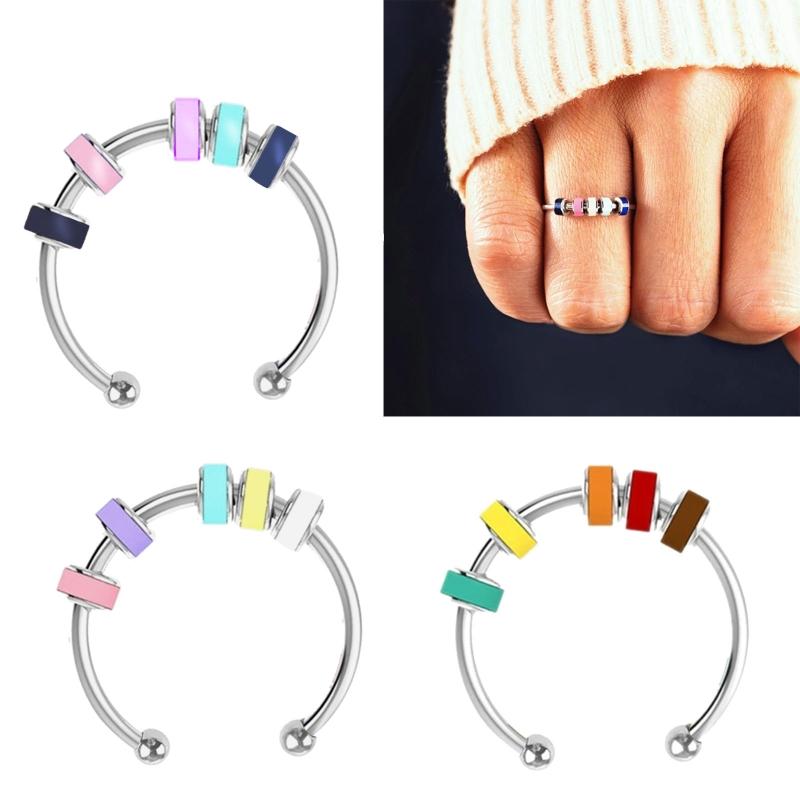 Elegant Rings Bead Fidgety Rings Colorful Bead Spinner Rings Stainless Steel Rings Open Adjustable Jewelry for Women