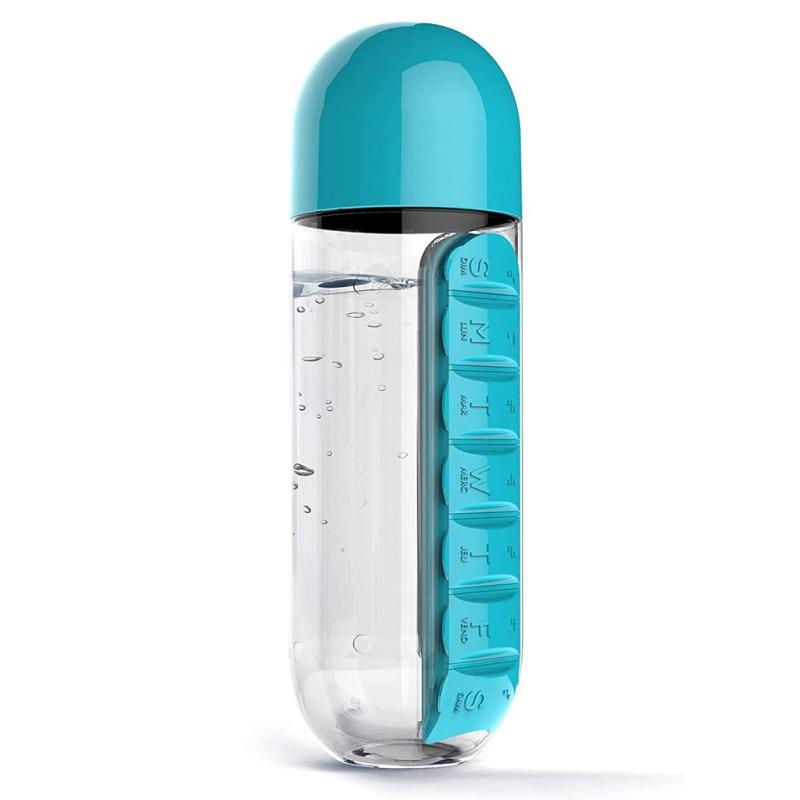 2-in-1 600ml Portable Water Bottle Detachable Large-capacity 7 Day Pill Box Case Weekly Pill