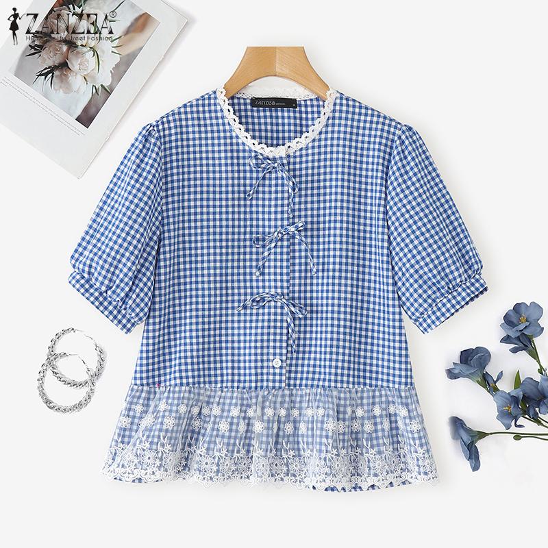 ZANZEA Women Summer Round Neck Lace Patchwork Plaid Casual Ruffled Blouse