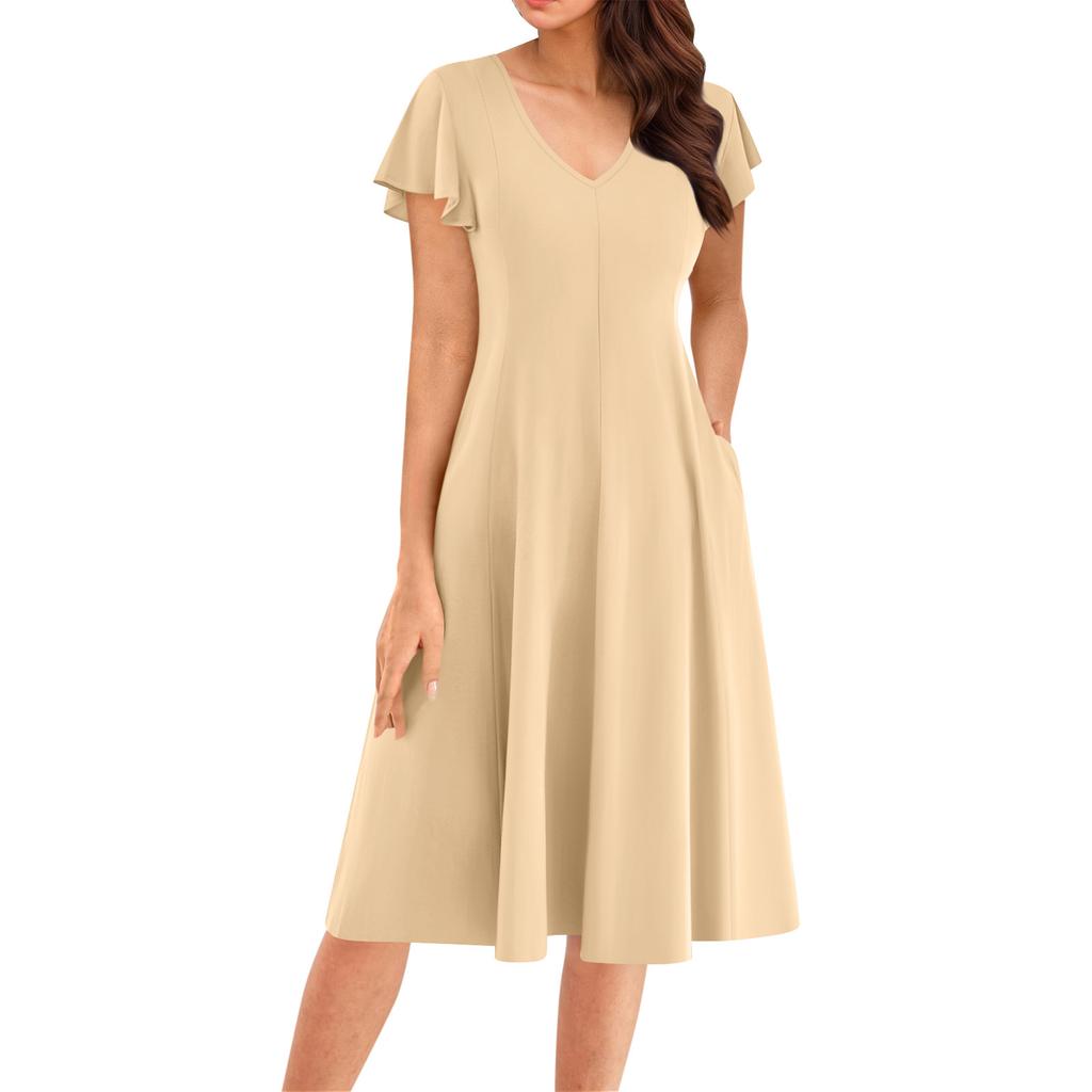 Women's Summer Fashion V-Neck Ruffle Sleeve Retro Elegant Midi Dress