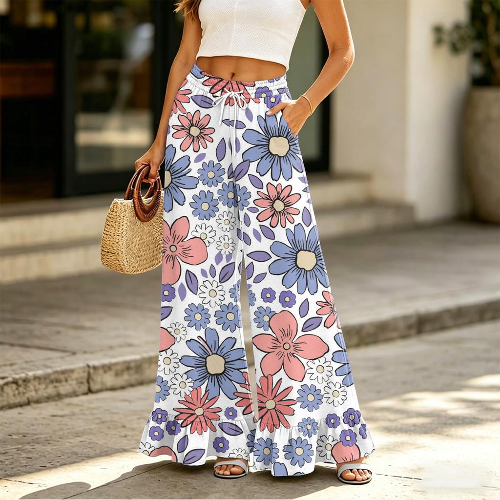 Women's Wide Leg Pants with Pockets High Waist Drawstring Casual Loose Fit Long Trousers Floral Print Lightweight Soft Fabric