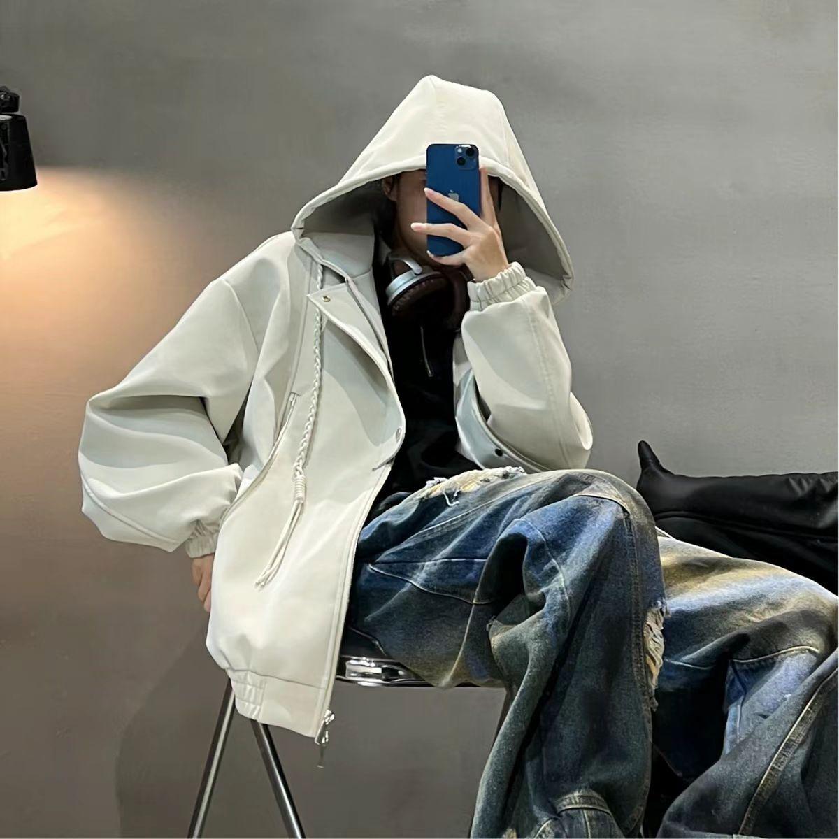 Men s American Style PU Leather Mountain Eagle Hooded Winter Jacket - Thick Warm Cotton Plus Velvet. 2XL