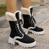 Platform Suede Women Mid Calf Snow Boots Fur Lace Up Mid Heels Cotton Shoes 2025 Trend Warm Short Plush Winter Botas De Mujer