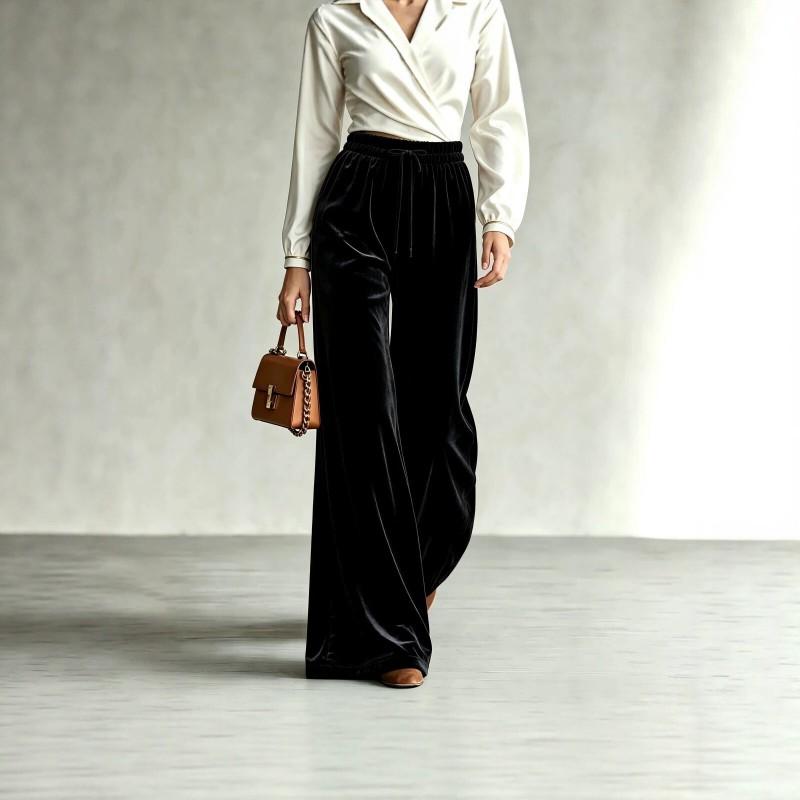 2026 Velvet Wide Leg Pants Women High Waist Loose Fit With Drawstring Pockets Winter