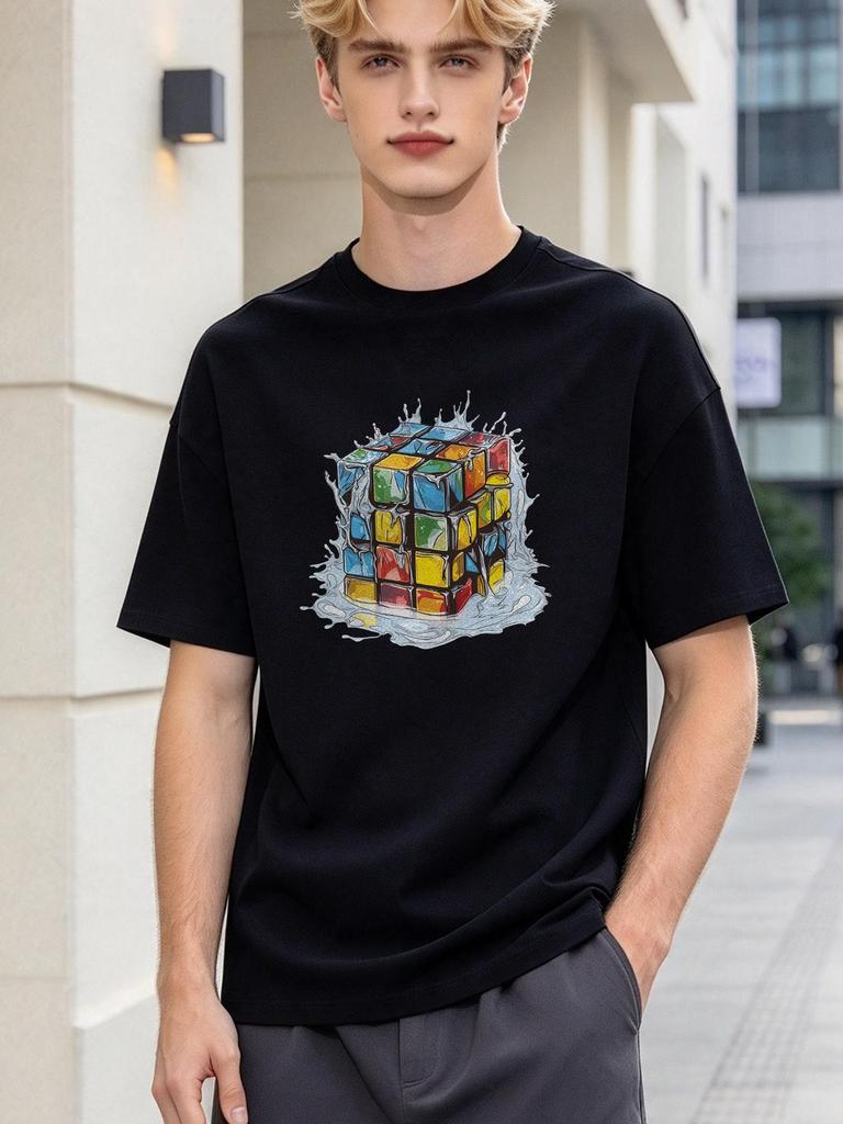Unisex T-shirt Casual Tee with Creative Rubik Cube Print Loose Fit Soft Summer Top