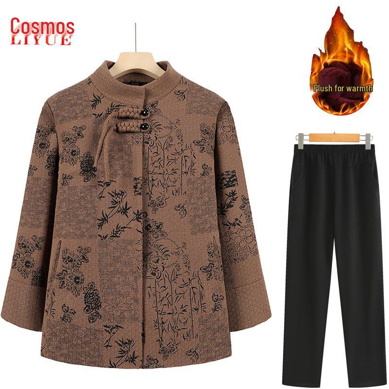 Stilvoller Wollmantel im chinesischen Stil für Frauen mittleren und höheren Alters - Verdickte Samt-Oberbekleidung für Herbst und Winter