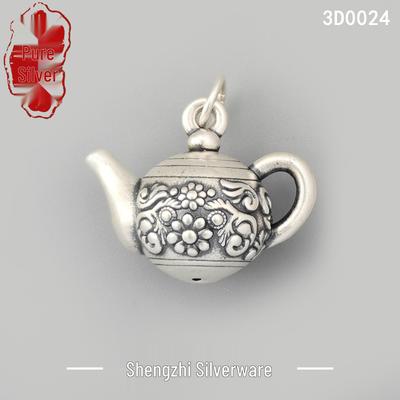S999 Sterling Silver 3D Retro Teapot DIY Beads - Auspicious Jewelry Accessories & Spacer Ornaments.