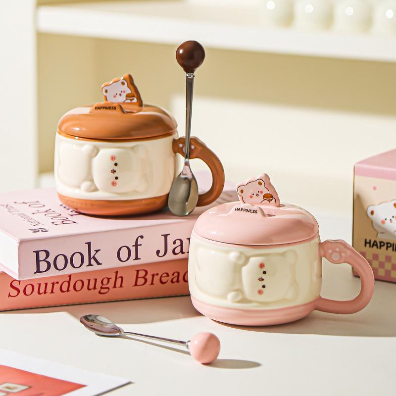 Cute Girl Cartoon Chubby Ceramic Mug with Lid Mobile Phone Stand Cup Birthday Gift Water Cup Souvenir