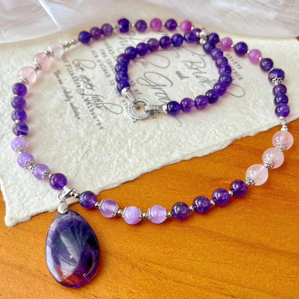 National Style Vintage High Quality Natural Amethyst Pendant Sweater Chain Autumn and Winter Long Necklace