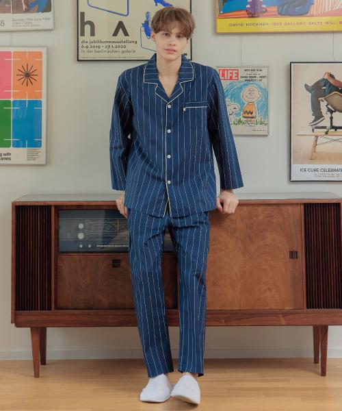 [May Flower] Navy Pencil Stripe Long Sleeve Men's Pure Cotton Plus Size Pajama Set [Shipped from Korea] 100% Authentic