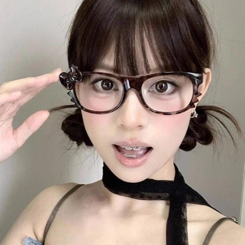 

Очки с леопардовым принтом и бантом для девочек, женские модные винтажные мультяшные милые очки с большой овальной оправой Y2k без линз no lenses