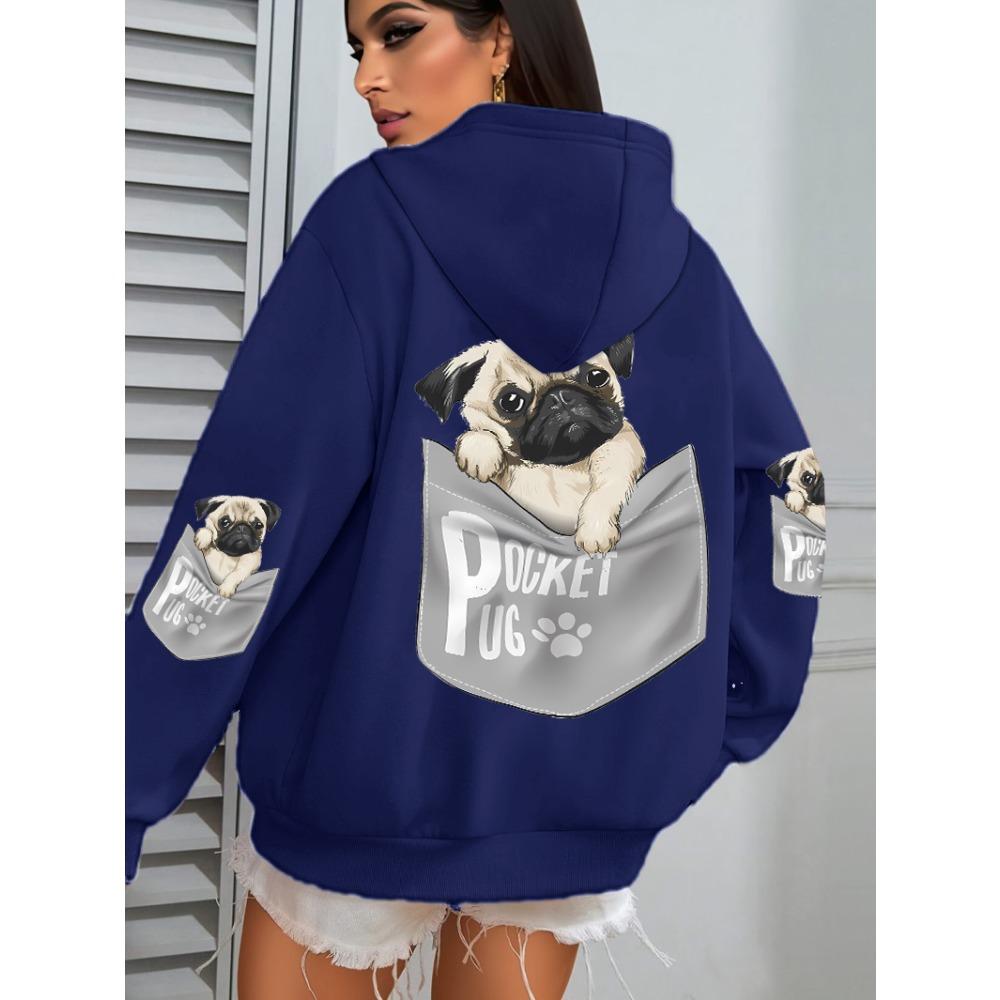 Pocket Pug Hoodies Women Cartoons dog Prints Hooded Loose Pockets Sweatshirts Winter Fleece Warm Tops