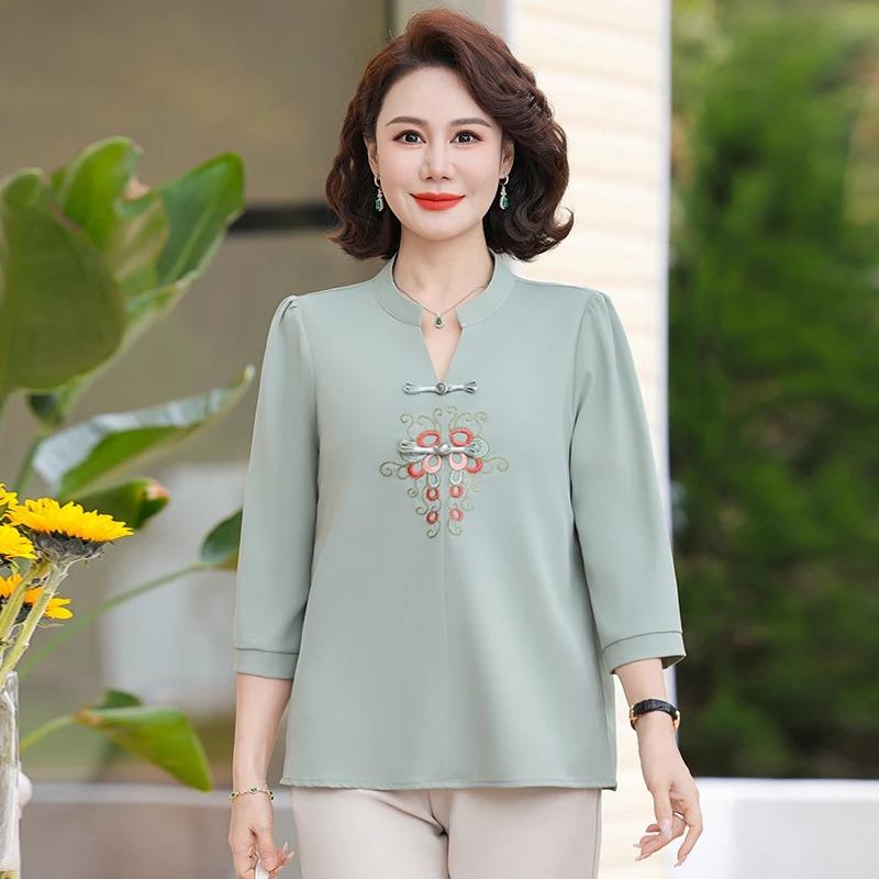 Spring Middle-Aged Women's Chinese Style Blouse Embroidery Mandarin Collar 3/4 Sleeve Casual Top