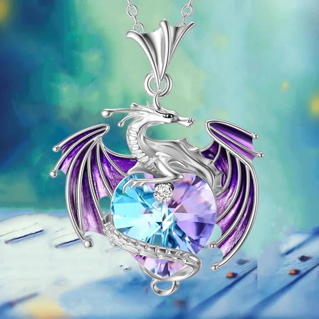 Love Birthstone Dragon Necklace Heart-Shaped Colorful Pendant Necklace Cool Crystal Dragon Necklace Jewelry Gift