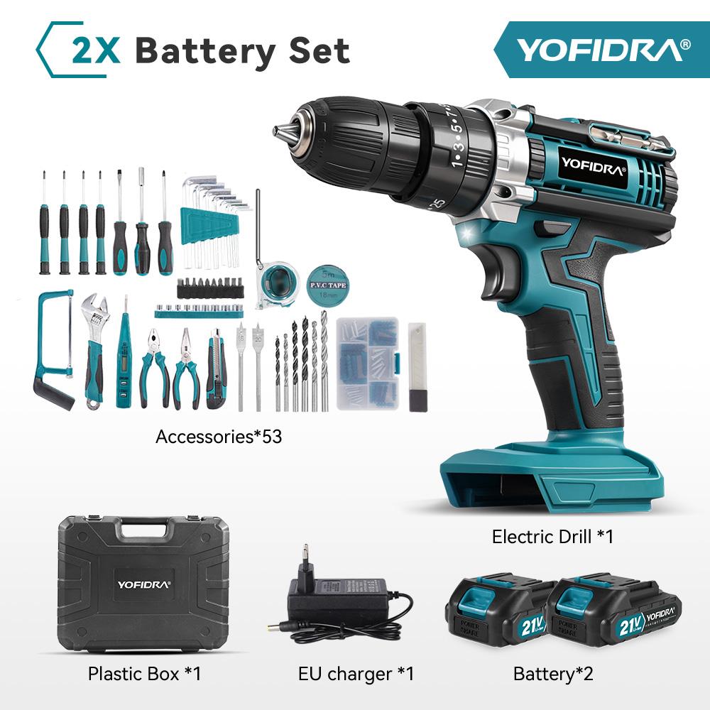 

YOFIDRA 60 Н.м l 25+3 Крутящий момент Электрическая ударная дрель Аккумуляторная электрическая отвертка с набором инструментов 32/53 шт. Электроинструмент для аккумулятора 21 В 2 Battery-EU Plug