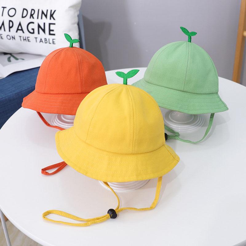 Cute Baby Bucket Hat With Sprout Spring Summer Children  Drawstring Fisherman Hat Solid Color Boys Girls Beach Panama Sun Cap