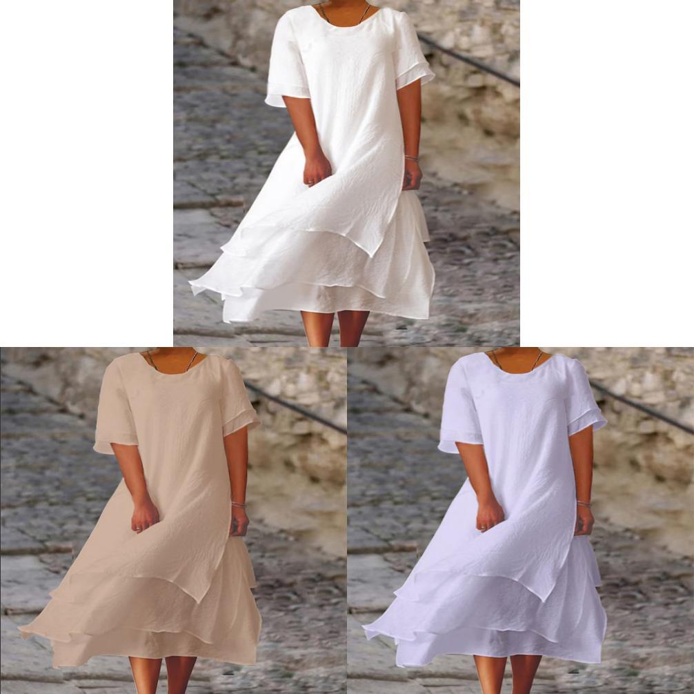 Vestido de Verano de Algodón y Lino de Doble Capa con Bloques de Color y Manga Corta de Cuello Redondo para Uso Casual