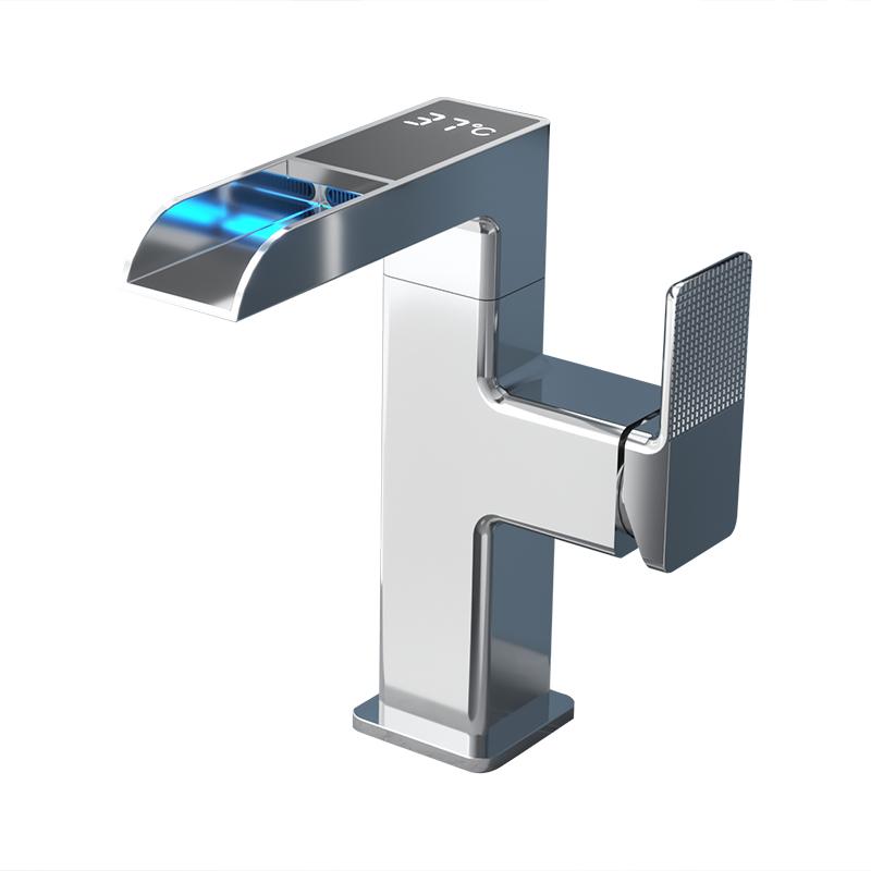 

Смеситель для раковины Водопад Светодиодная подсветка Температура Цифровой дисплей Вращение на 360 градусов Горячая Холодная Вода Смеситель для раковины Кран для умывальника Для ванной include 60cm hose