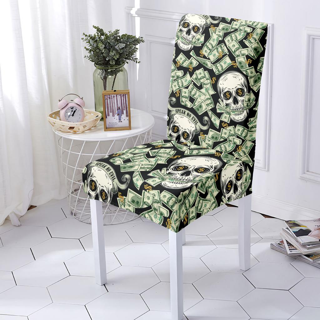 Elastic Chair Cover Skull Print Non-Slip Decorative Snug-Fit Machine Washable Seat Cover Halloween Holiday Decor Chair Protector