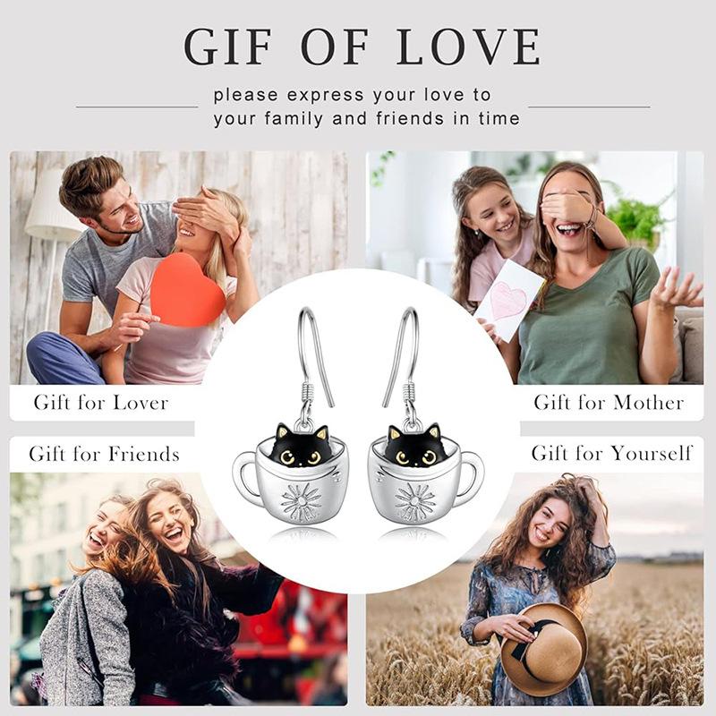 Hand Stamped Daisy Pattern Coffee Cup Drop Earrings Enamel Black Cat with Gold Eyes Silver Hook Lovely Ladies Casual Accessories