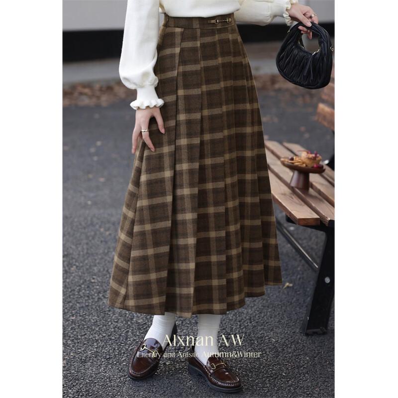 Luxiangnan Women's Elegant Plaid Midi Skirt