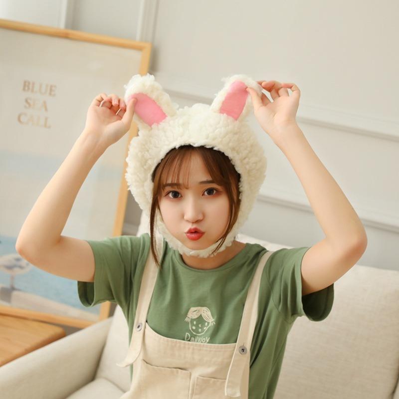 Lamb wool short rabbit ear hat, plush hood photo props photo props cartoon hood