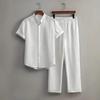 Men's Button Textured Casual Striped Short Sleeved Shirt and Elastic Straight Leg Pants Set, 2-piece Set