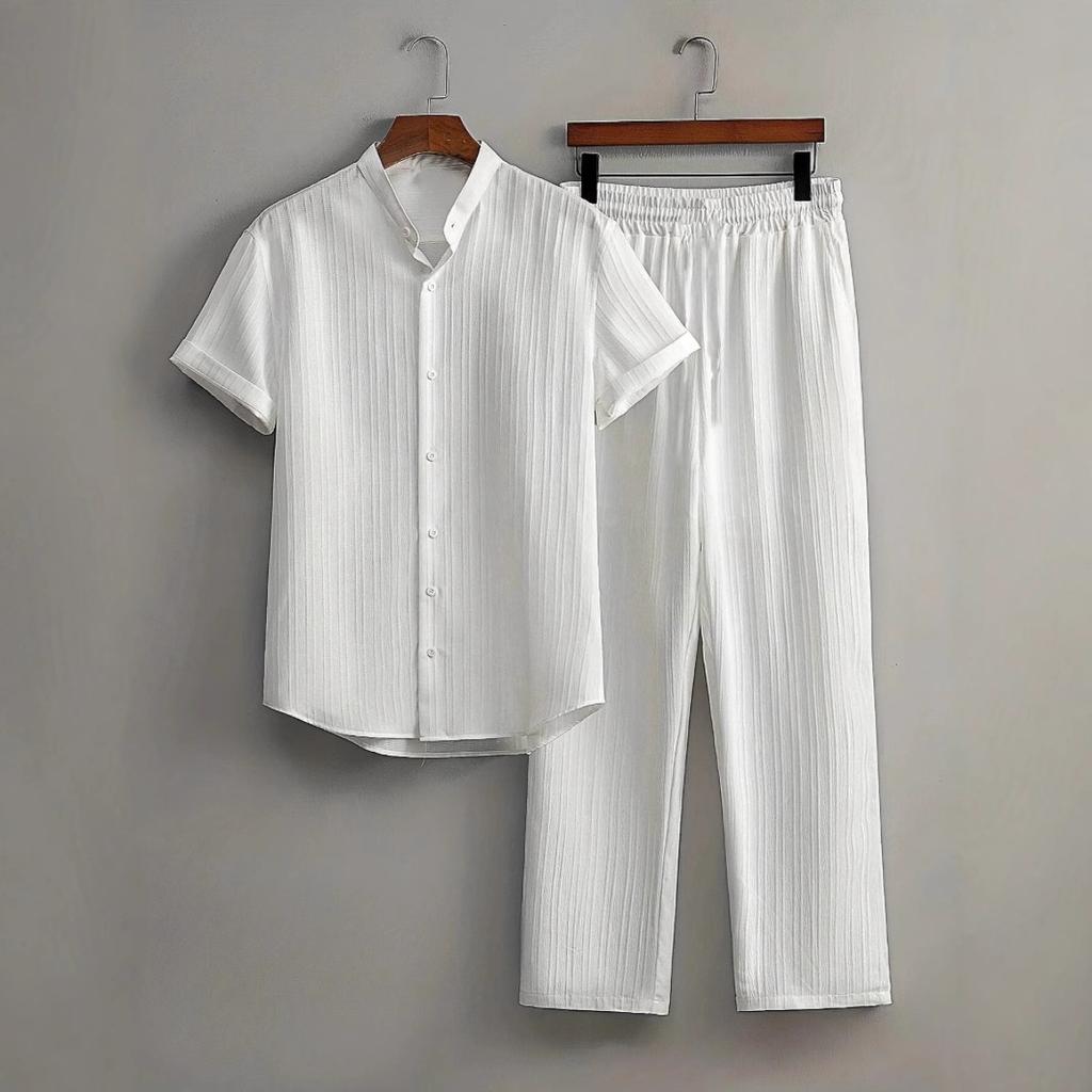 Men's Button Textured Casual Striped Short Sleeved Shirt and Elastic Straight Leg Pants Set, 2-piece Set