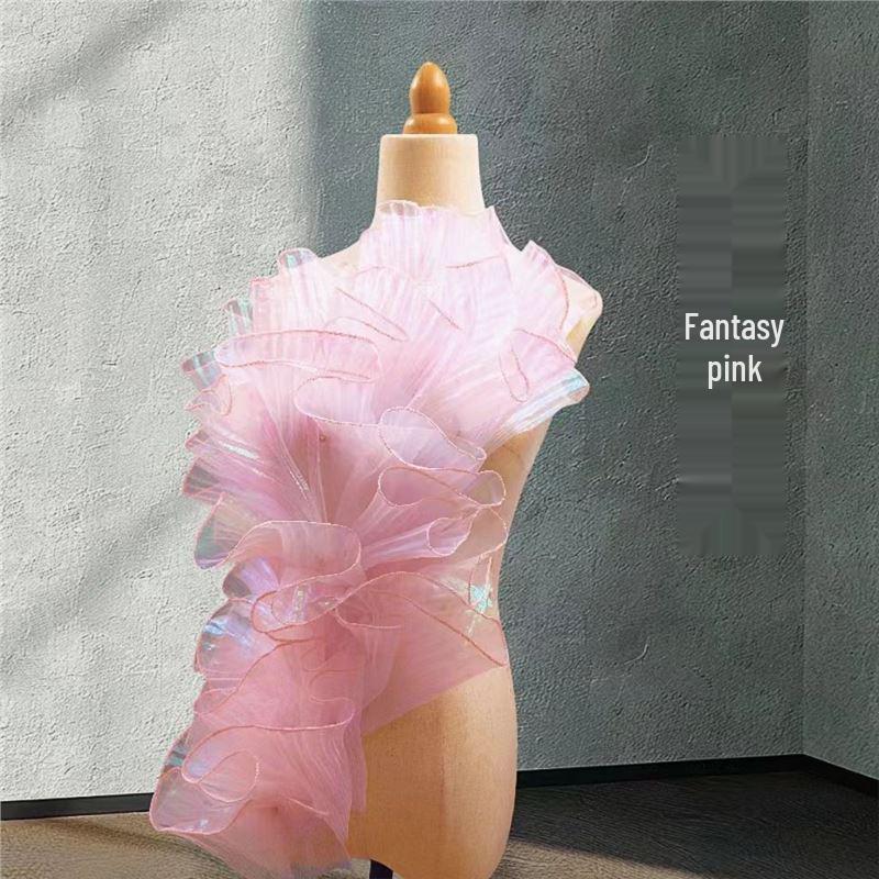 Deep Sea Blue Gradient Lace Pleated Skirt Fabric with Lotus Leaf Design for DIY Clothing