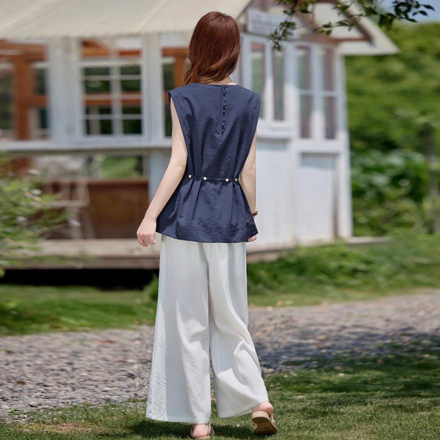 Summer Casual Fashion Suit Women's Design Sleeveless Shirt Elastic Waist Straight Wide-leg Pants Two-piece Set Tide