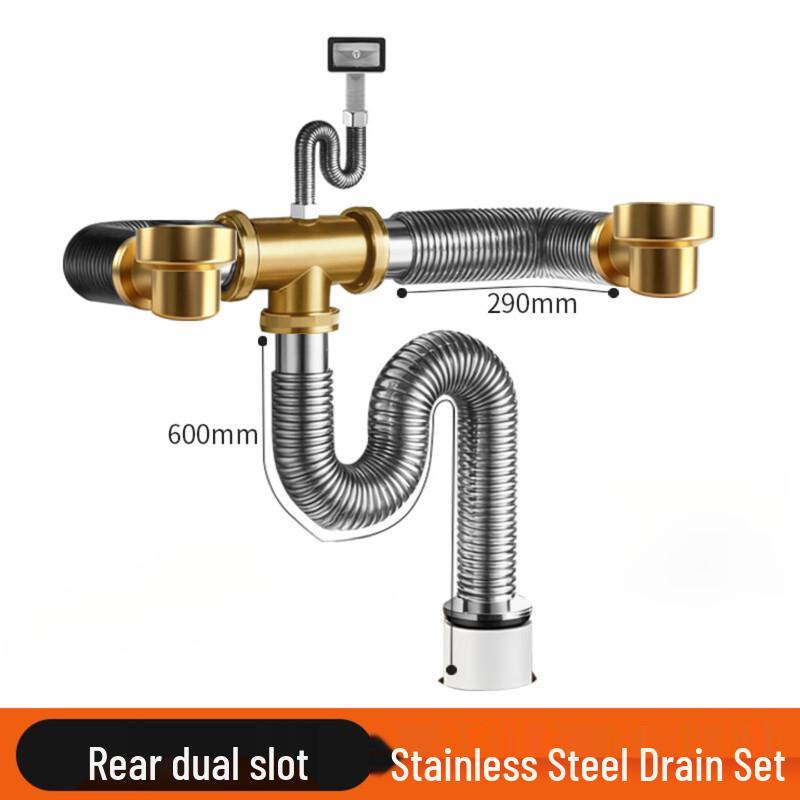 JINGSHU Stainless Steel Double Kitchen Sink Drain Pipe Set