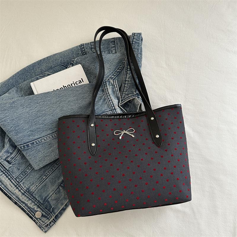 Fashion Polka Dot Tote Bag with Silver Bow Accent Black Trim Large Capacity Casual Purse for Everyday Commuter Shoulder Bag