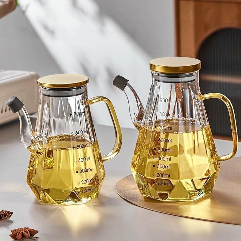 Glass Oil Pots 500/700/900Ml Leak Proof Diamond Oil Bottle With Scale/Lid Kitchen Soy Sauce Vinegar Condiment Storage Container