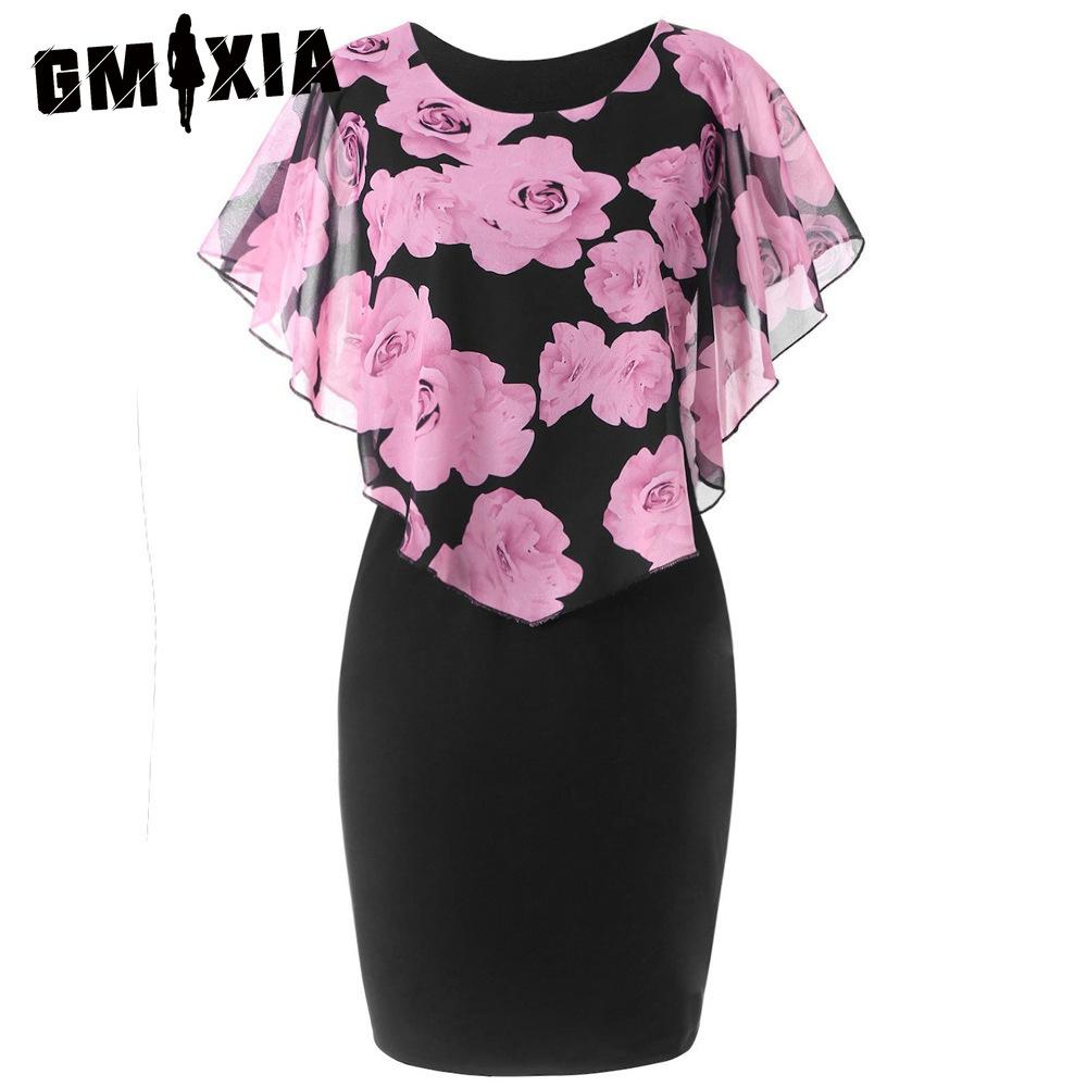 

GMXIA Черное сексуальное платье с прозрачной шалью и нежным цветочным принтом XXL розовый