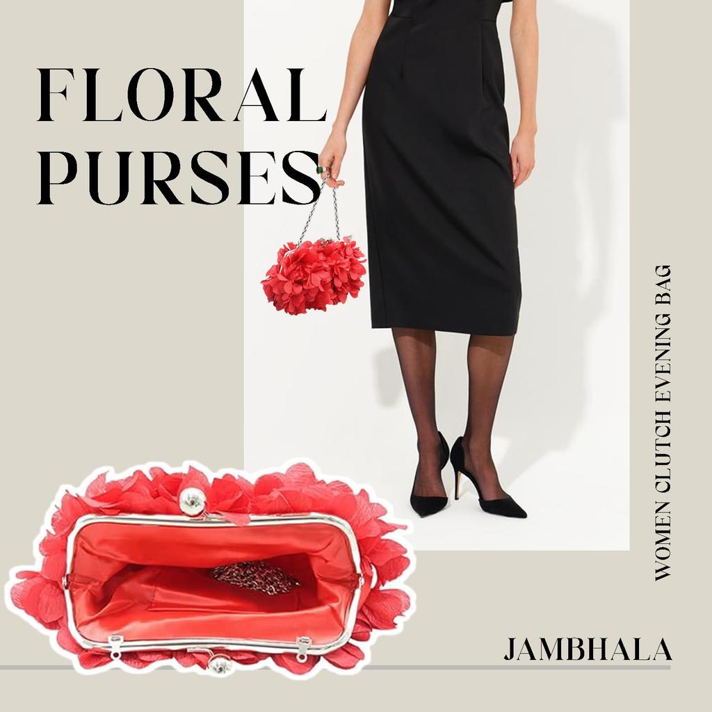 JAMBHALA Elegante Abend Kleine Blumen-Clutch mit Abnehmbarer Kette für und Abschlussbälle Damen Geldbörse, Hochzeiten, Partys, (rot)