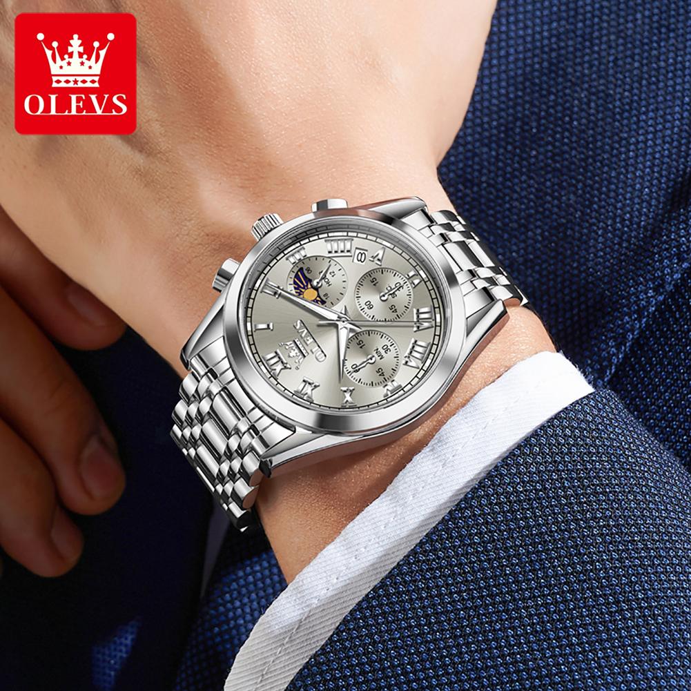 OLEVS Herrenuhr Original Mode Luxusmarke Wasserdicht Leuchtend Quarz Uhr Mondphase Automatisches Datum Uhren für Männer Chronograph