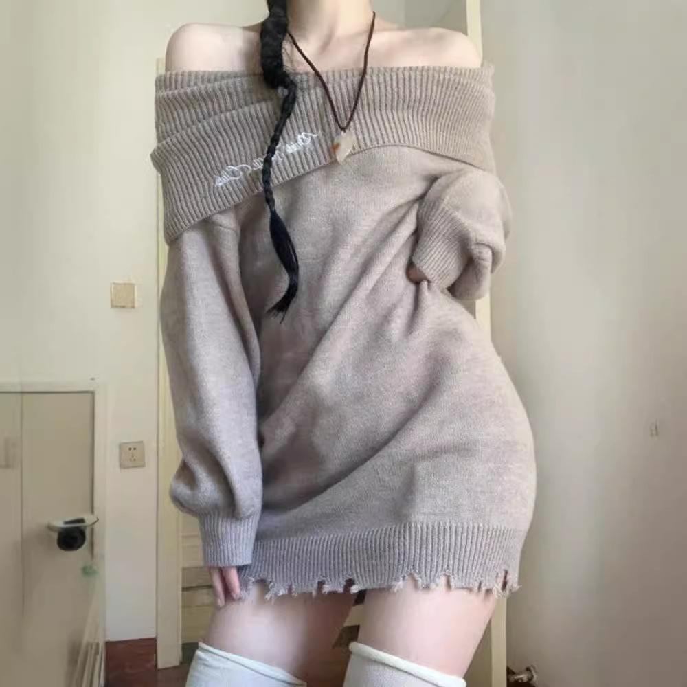 

Slim-fit sweater, bottom off-the-shoulder knitted dress, women s clothing, early spring new models, hip-wrapped skirt inside One size fits all хаки