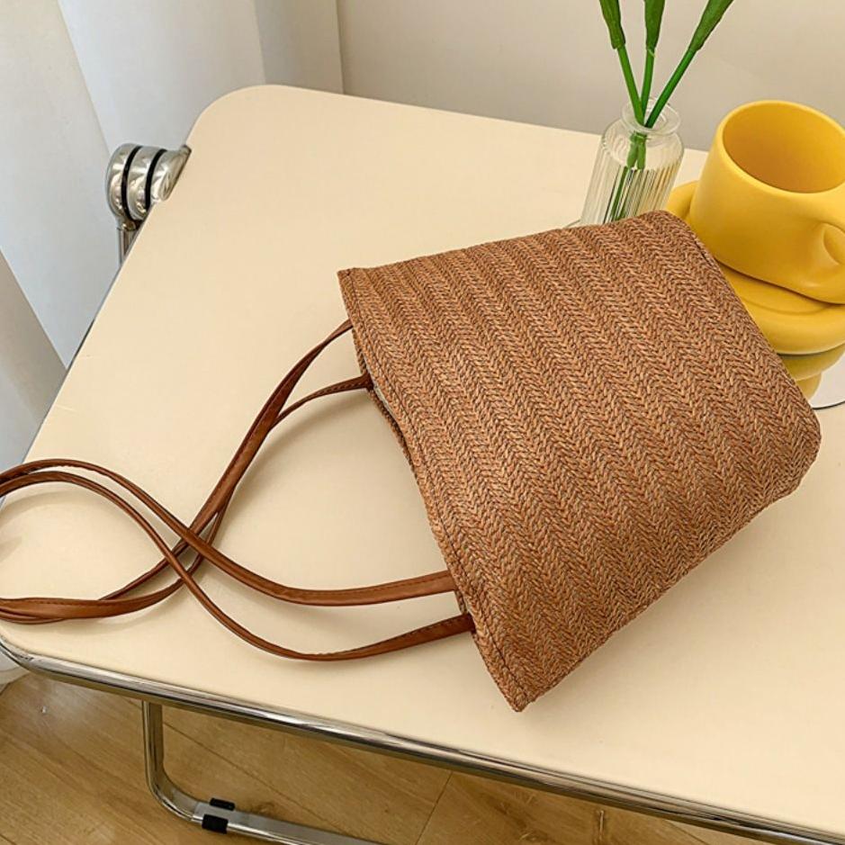 Large Capacity Straw Bucket Bag Solid Color Shoulder Bag Fashion Summer Beach Tote  Girls