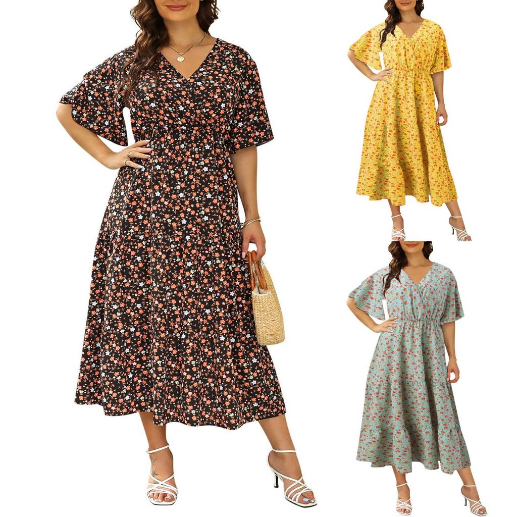Plus Size Women's Floral V Neck Flare Short Sleeve Midi Dress Casual Waist Cinching Slimming Dress With Pocket