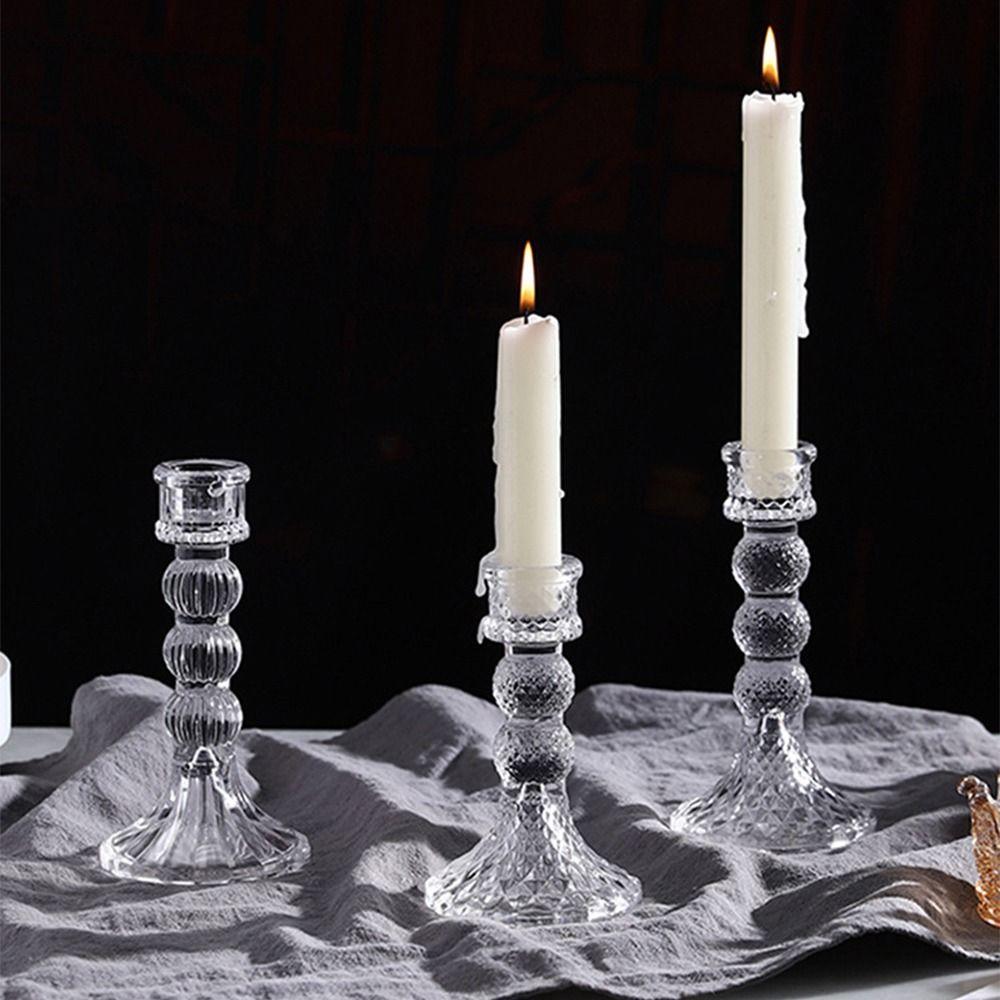 Vintage Glass Candle Holder Transparent Romantic Roman Column Candlestick Non-slip Thicken Simple Candles Stand