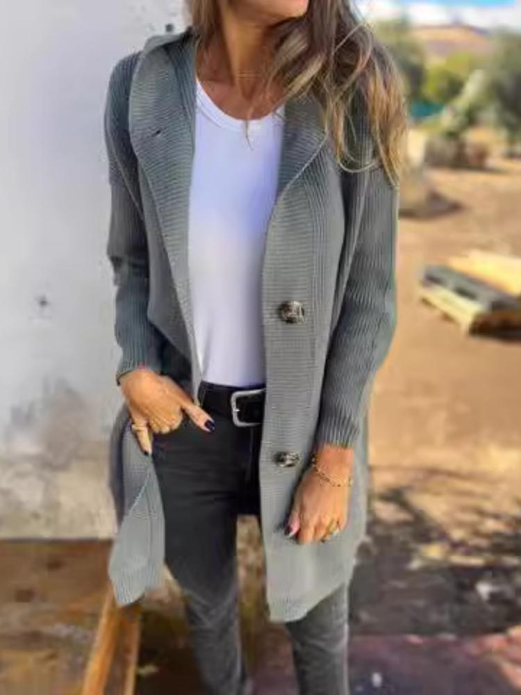 Cardigan lungo in maglia da donna con cappuccio, chiusura a bottoni, design a righe, multicolore