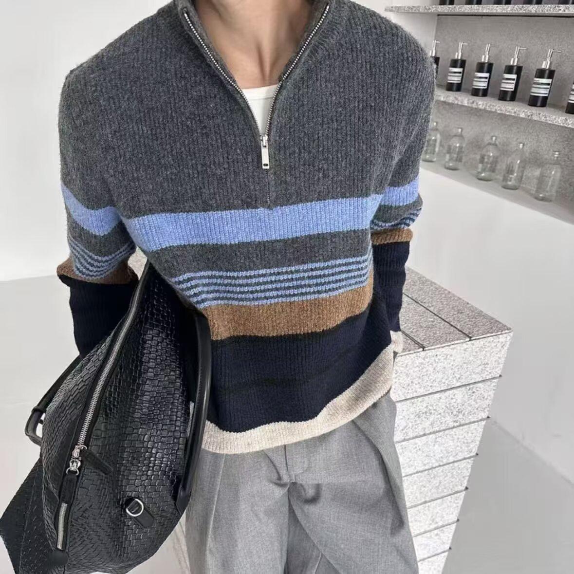 Men s Half-Zip Cross-Collar Striped Sweater - Trendy Korean Style for Autumn/Winter M серый