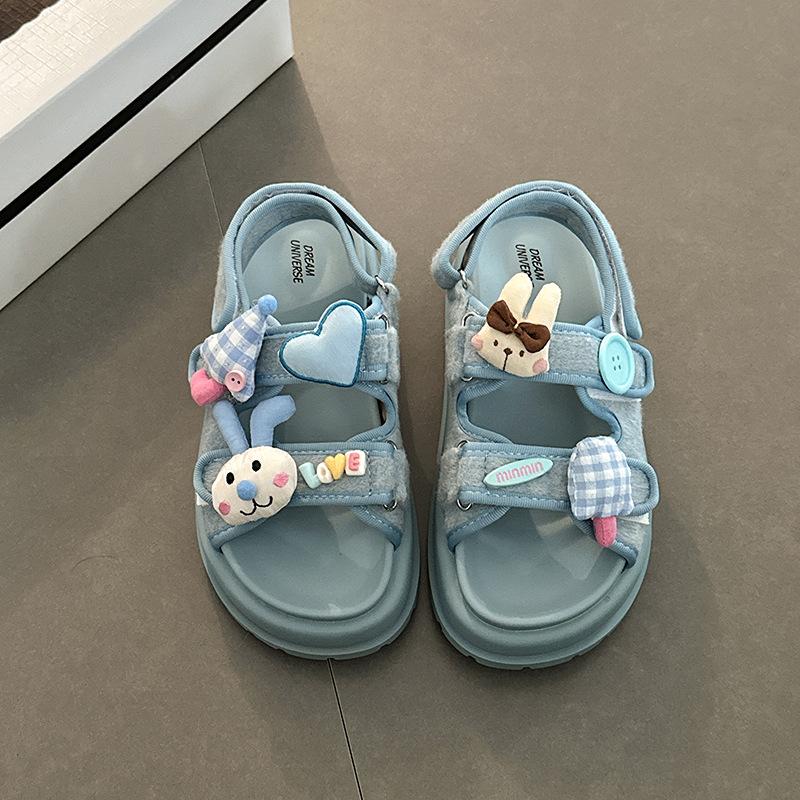 Fashion Cute Cartoon Bear One-word Buckle with Velcro Sandals Women's Summer New Beach Cool Slippers