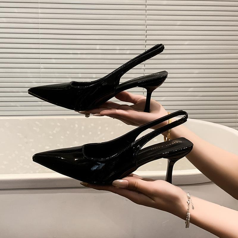 2025 summer new leopard print word with pointed head cat heel temperament sexy single shoes women's thin heel bag head medium heel sandals