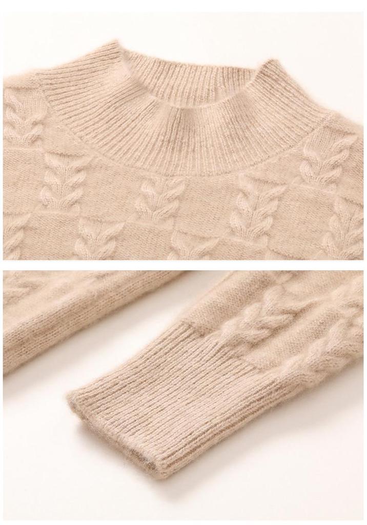 Women's Heavyweight Cashmere Cable Knit Top, Long Sleeve, Semi-High Neck, Loose, Warm Sweater for Autumn/Winter.