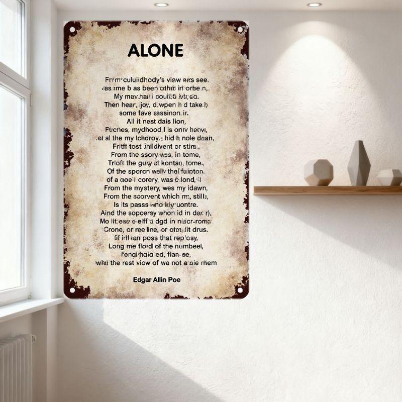 Vintage Edgar Allan Poe 'Alone' Poem Rusty Metal Tin Sign Distressed Aged Wall Plaque for Home Office Man Cave Bar Decor