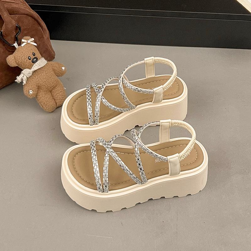 

2025 new summer versatile sexy flash diamond thin strap tripping thick-soled thick-heeled sandals comfortable women s shoes 40 бежевый